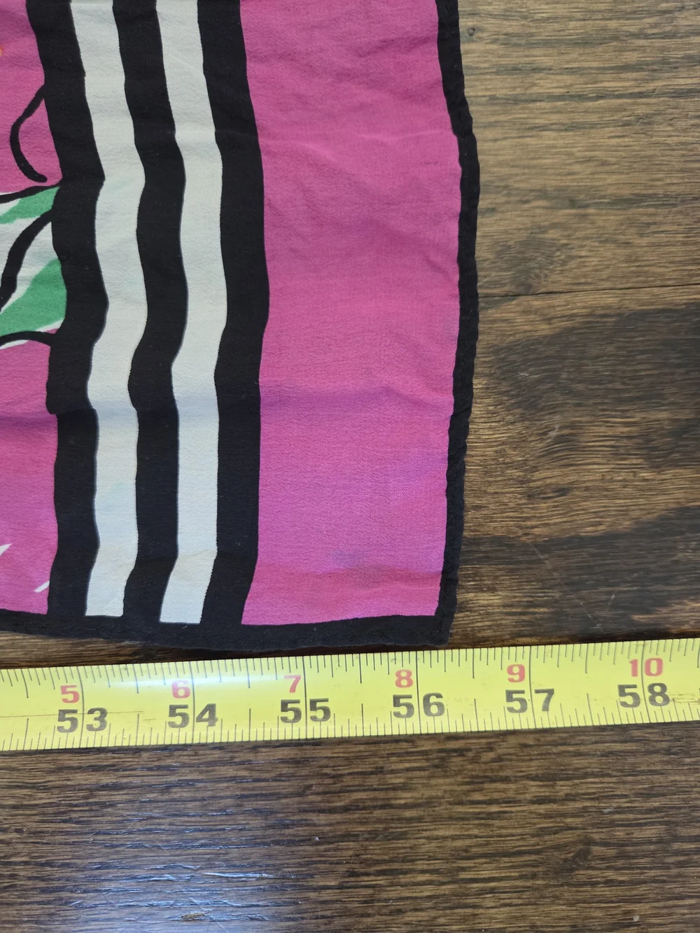 Bright‎ Pink Floral SILK Scarf with Green Leaves And Black And White Stripe